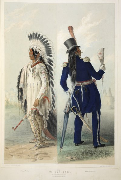 Wi-Jun-Jon, un Jefe Assinneboin, de la Cartera de Indios Norteamericanos de Catlin. Escenas de Caza y Diversiones de las Montañas Rocosas y Praderas de América, pub. 1845 de George Catlin